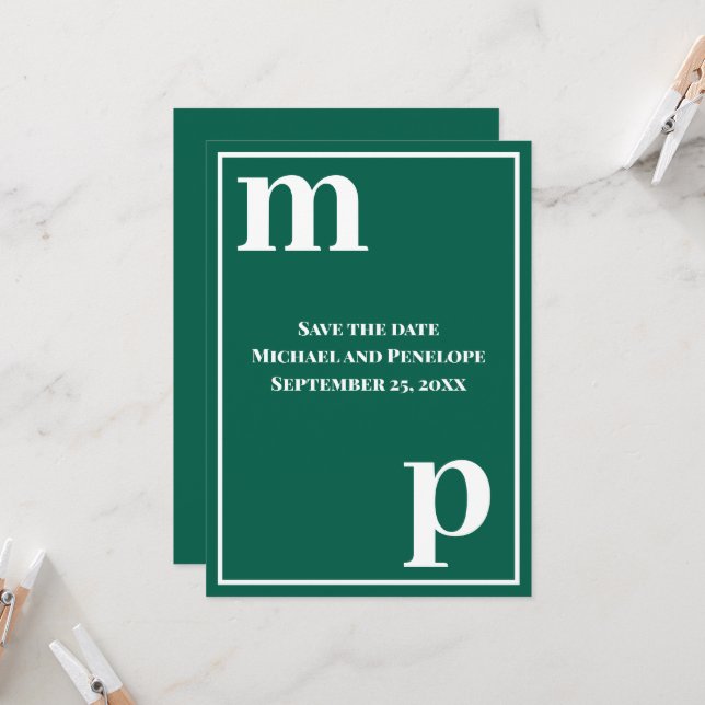Trendy Monogram Emerald Green Save the Date  Invitation (Front/Back In Situ)
