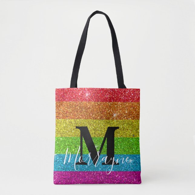 Trendy Monogram Gay Pride LGBTQ Rainbow Glitter Tote Bag (Front)
