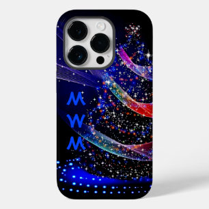 Trendy Monogram Glitter Christmas Tree Navy Case-Mate iPhone 14 Pro Case