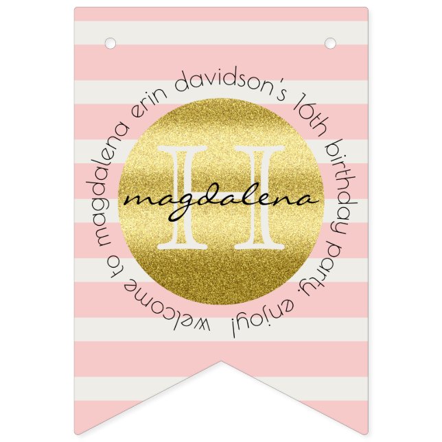Trendy Monogram Gold Glitter Blush Pink Stripes Bunting (First Flag)