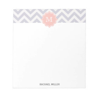 Trendy Monogram Grey White Peach Chevron Pattern Notepad