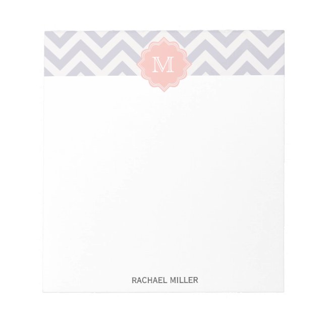 Trendy Monogram Grey White Peach Chevron Pattern Notepad (Front)