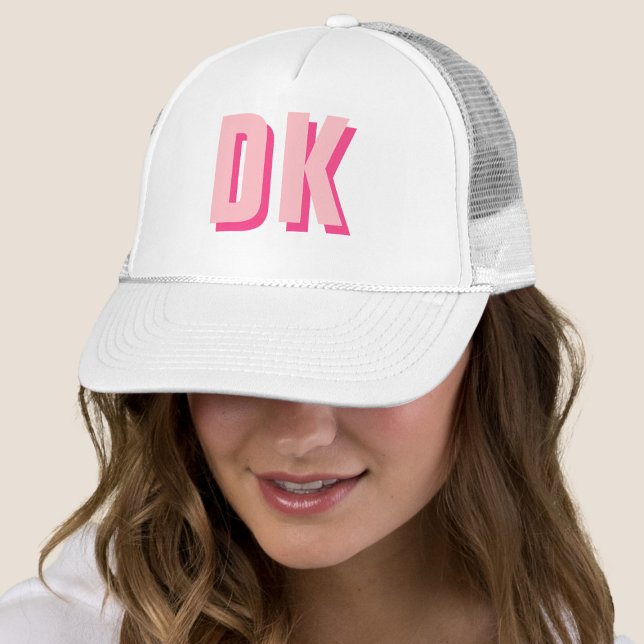 Trendy Monogram Initial Bachelorette White Pink Trucker Hat (Creator Uploaded)