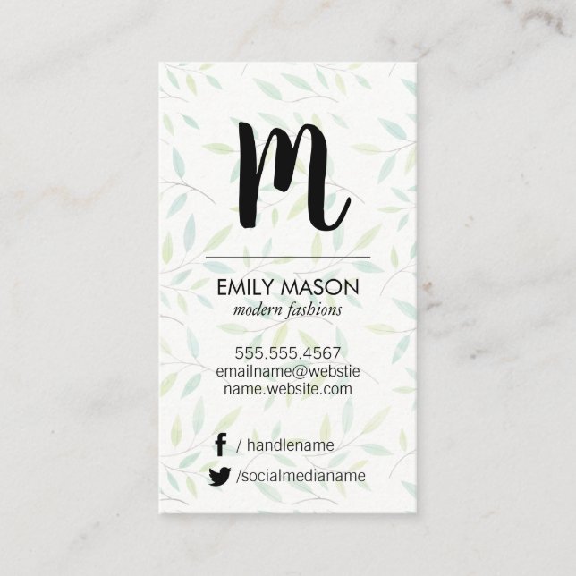 Trendy Monogram / Leaves and Branches Business Card (Front)