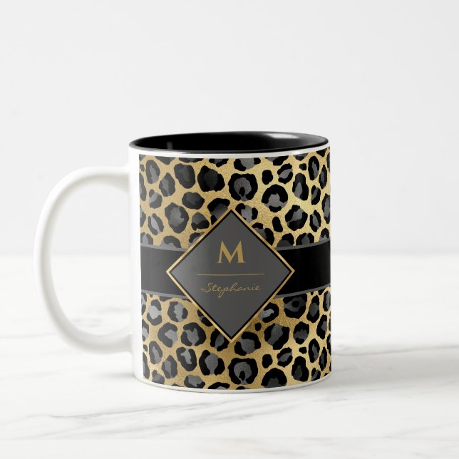 Trendy Monogram Leopard Print | Black Grey & Gold Two-Tone Coffee Mug (Left)