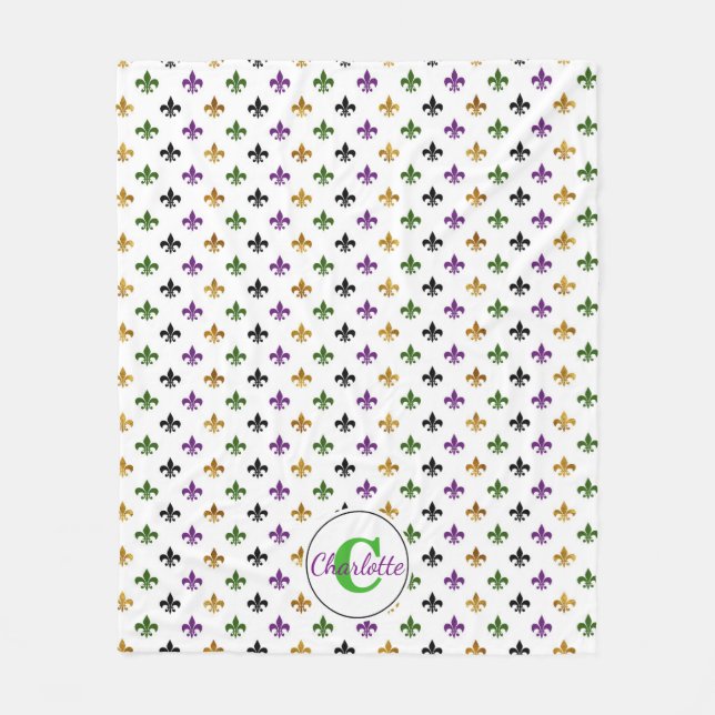 Trendy Monogram Mardi Gras Fleur De Lis Fleece Blanket (Front)