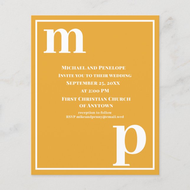 Trendy Monogram Marigold Budget Wedding Invite Flyer (Front)