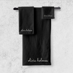 Trendy Monogram   Modern Black Script Name Bath Towel Set