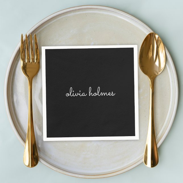 Trendy Monogram | Modern Black Script Name Napkin (Creator Uploaded)