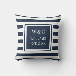 Trendy Monogram Navy Blue White Stripe Cushion