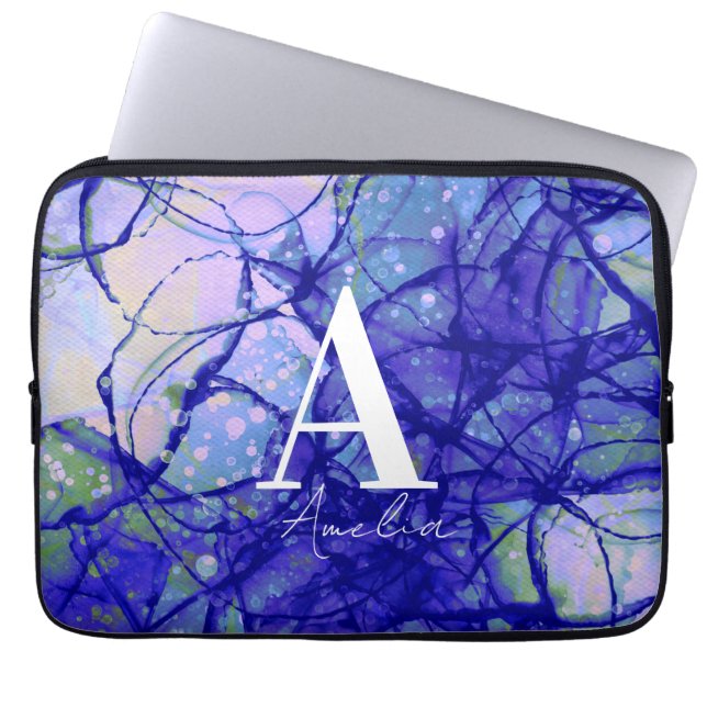 Trendy Monogram Personalised Name Blue Abstract Laptop Sleeve (Front)
