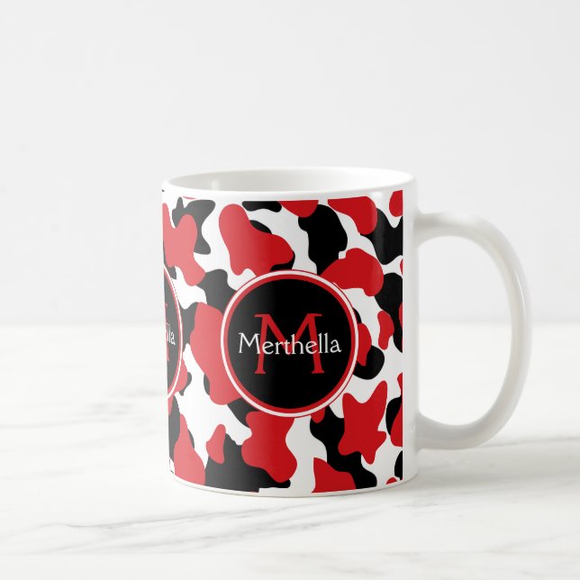 Trendy Monogram Red Black Cow Print Coffee Mug (Right)