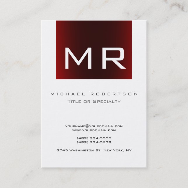Trendy Monogram Red Striped White Business Card (Front)