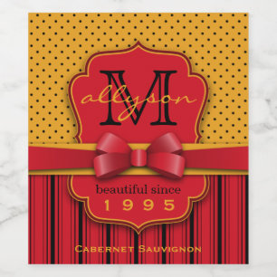 Trendy Monogram Retro Yellow Polka Dot Red Stripes Wine Label