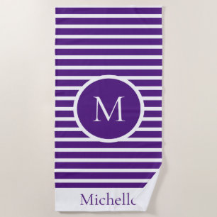 Trendy Monogram Striped Purple & White Beach Towel
