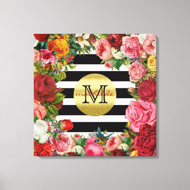 Trendy Monogram Stripes Roses Flowers Gold Glitter Canvas Print (Front)