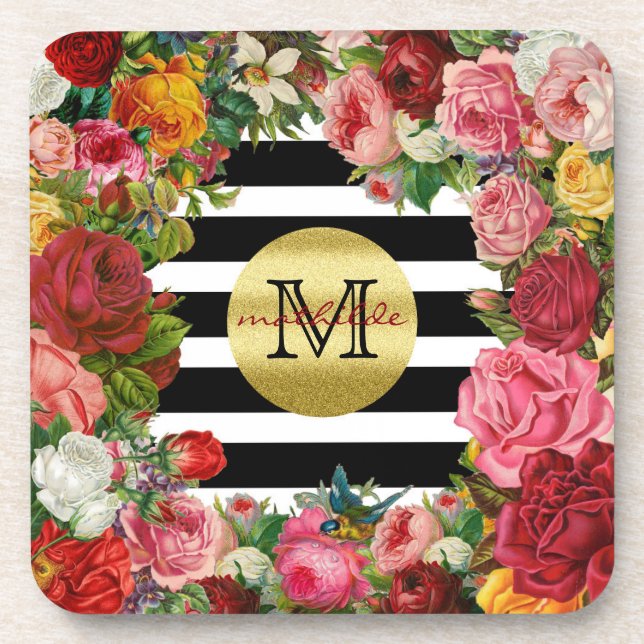 Trendy Monogram Stripes Roses Flowers Gold Glitter Coaster (Front)