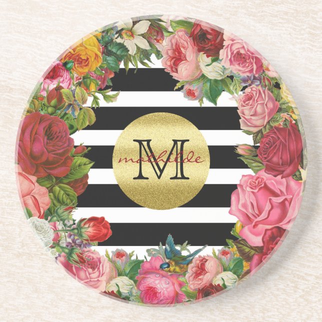 Trendy Monogram Stripes Roses Flowers Gold Glitter Coaster (Front)