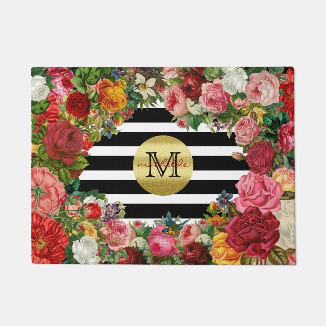 Trendy Monogram Stripes Roses Flowers Gold Glitter Doormat (Front)