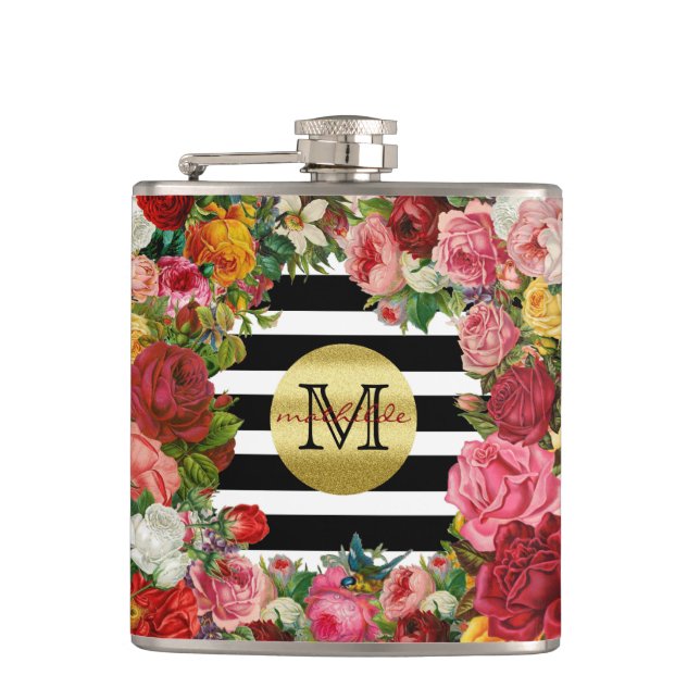 Trendy Monogram Stripes Roses Flowers Gold Glitter Hip Flask (Front)