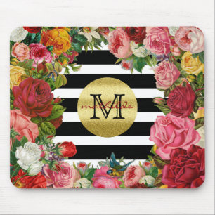 Trendy Monogram Stripes Roses Flowers Gold Glitter Mouse Mat