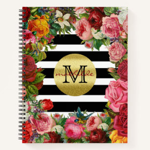 Trendy Monogram Stripes Roses Flowers Gold Glitter Notebook