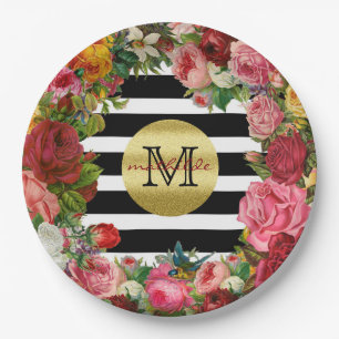 Trendy Monogram Stripes Roses Flowers Gold Glitter Paper Plate