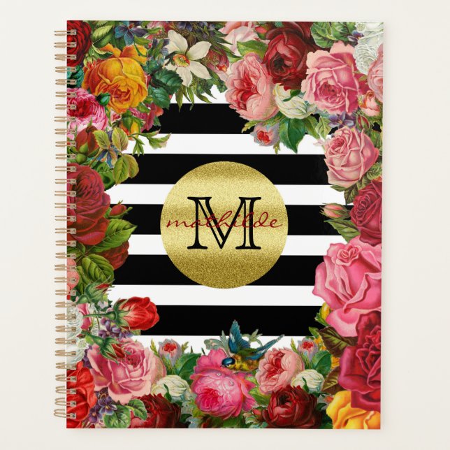 Trendy Monogram Stripes Roses Flowers Gold Glitter Planner (Front)
