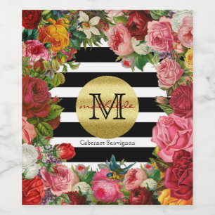Trendy Monogram Stripes Roses Flowers Gold Glitter Wine Label