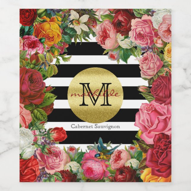 Trendy Monogram Stripes Roses Flowers Gold Glitter Wine Label (Single Label)