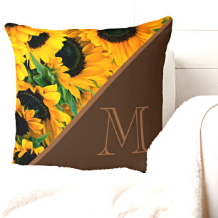 Trendy Monogram Sunflowers Brown Gold Cushion