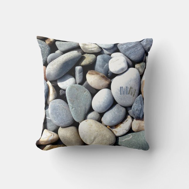 Trendy Monogram Vivid Natural Pebble Stones Photo Cushion (Front)