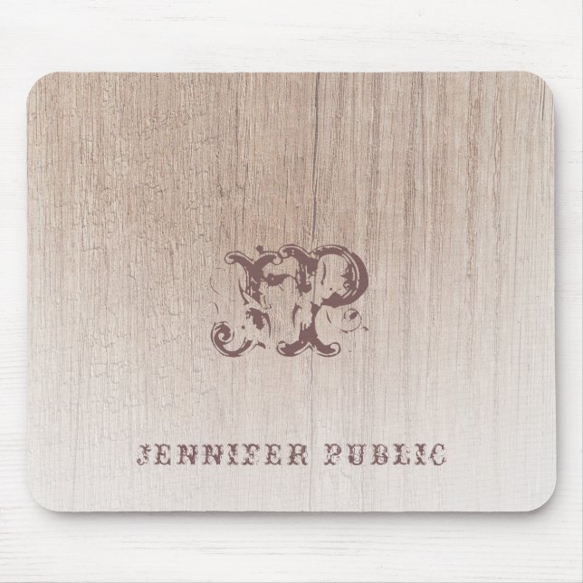Trendy Monogram Wood Look Distressed Text Template Mouse Mat (Front)