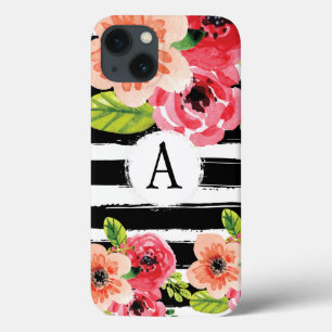 Trendy Monogramed Black White Stripes Flowers Case