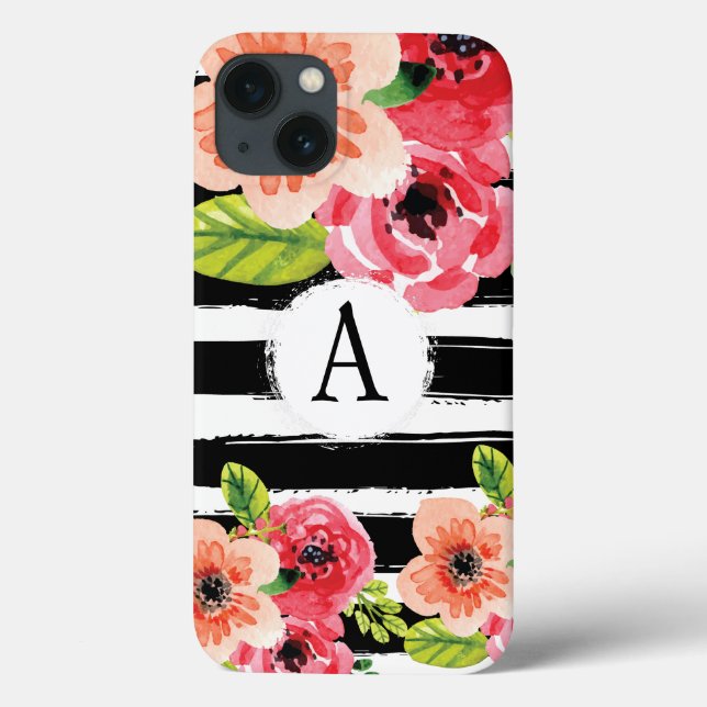 Trendy Monogramed Black White Stripes Flowers Case (Back)