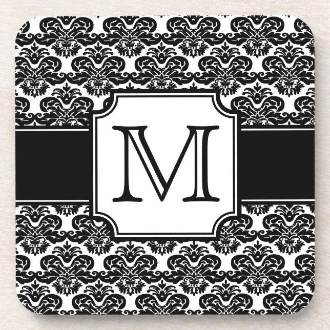 Trendy Monogrammed Damask Coaster (Front)