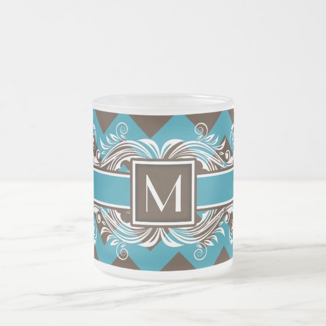 Trendy Monogrammed Geometric Chevron Pattern Frosted Glass Coffee Mug (Center)