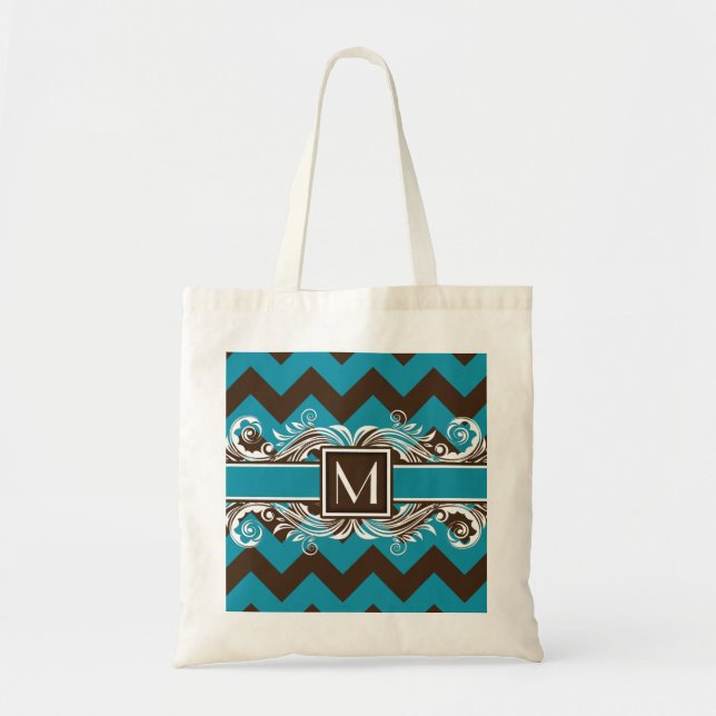 Trendy Monogrammed Geometric Chevron Pattern Tote Bag (Front)