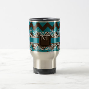 Trendy Monogrammed Geometric Chevron Pattern Travel Mug