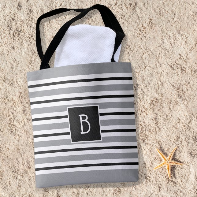 Trendy Monogrammed Initial Grey Black White Stripe Tote Bag (Creator Uploaded)