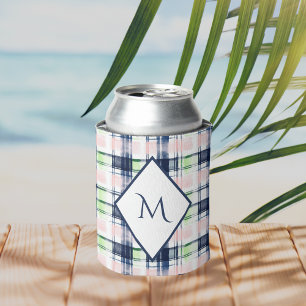 Trendy Monogrammed Navy Blue Pink Preppy Plaid Can Cooler