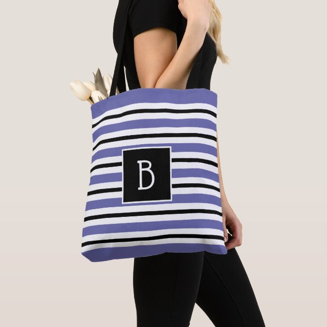 Trendy Monogrammed Periwinkle Blue Black Stripe Tote Bag (Close Up)