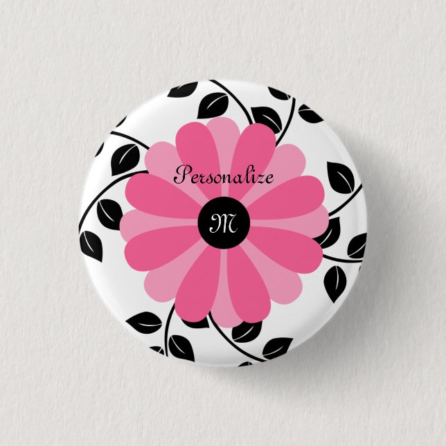 Trendy Monogrammed Pink And Black Flower With Name 3 Cm Round Badge (Front)