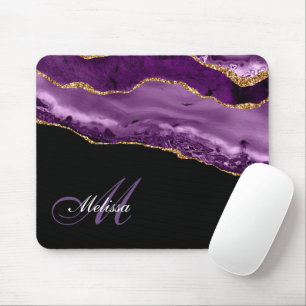 trendy monogrammed purple and gold glitter agate mouse mat