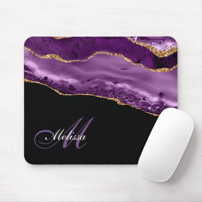 trendy monogrammed purple and gold glitter agate mouse mat (With Mouse)