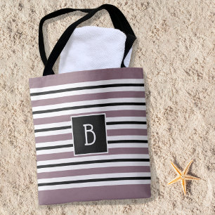 Trendy Monogrammed Purple, Black & White Stripe Tote Bag