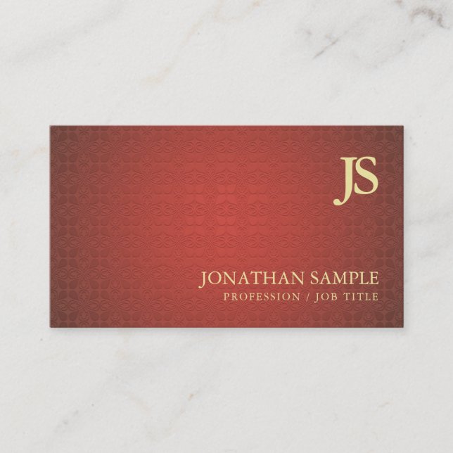 Trendy Monogrammed Red Gold Damask Plain Luxury Business Card (Front)