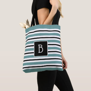 Trendy Monogrammed Teal, Black White Stripe Tote Bag