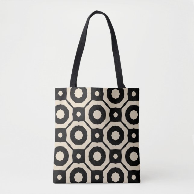 Trendy Mosaic Black & Beige Geometric Pattern Tote Bag (Front)
