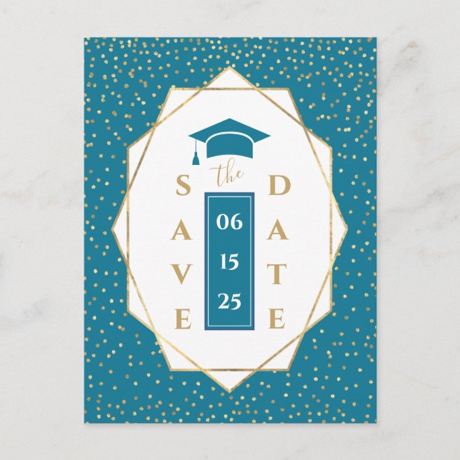 Trendy Mosaic Blue Geometric Graduation Party Announcement Postcard (Front)